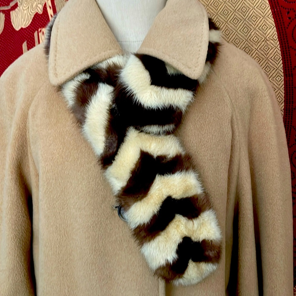 Beige and Brown Faux Fur Chevron Scarf - Women's Wrap